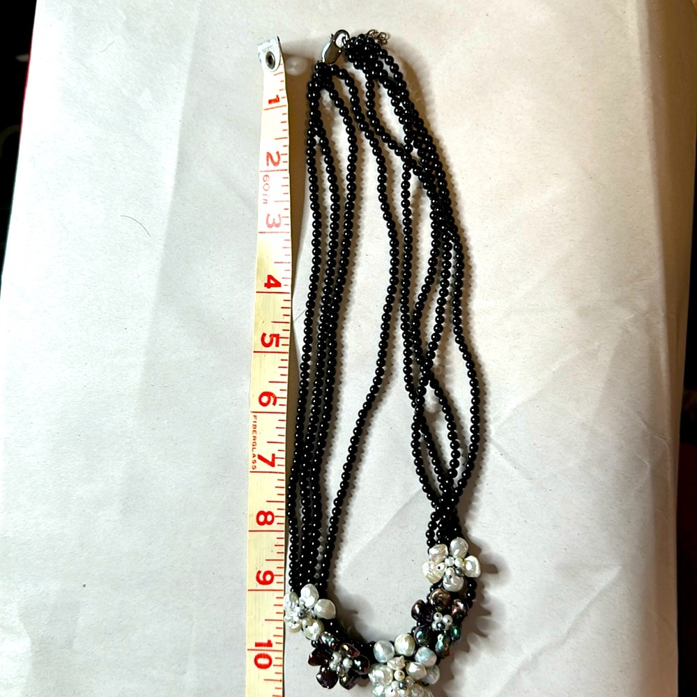 Black Necklace with Iridescent beads in shape of flowers